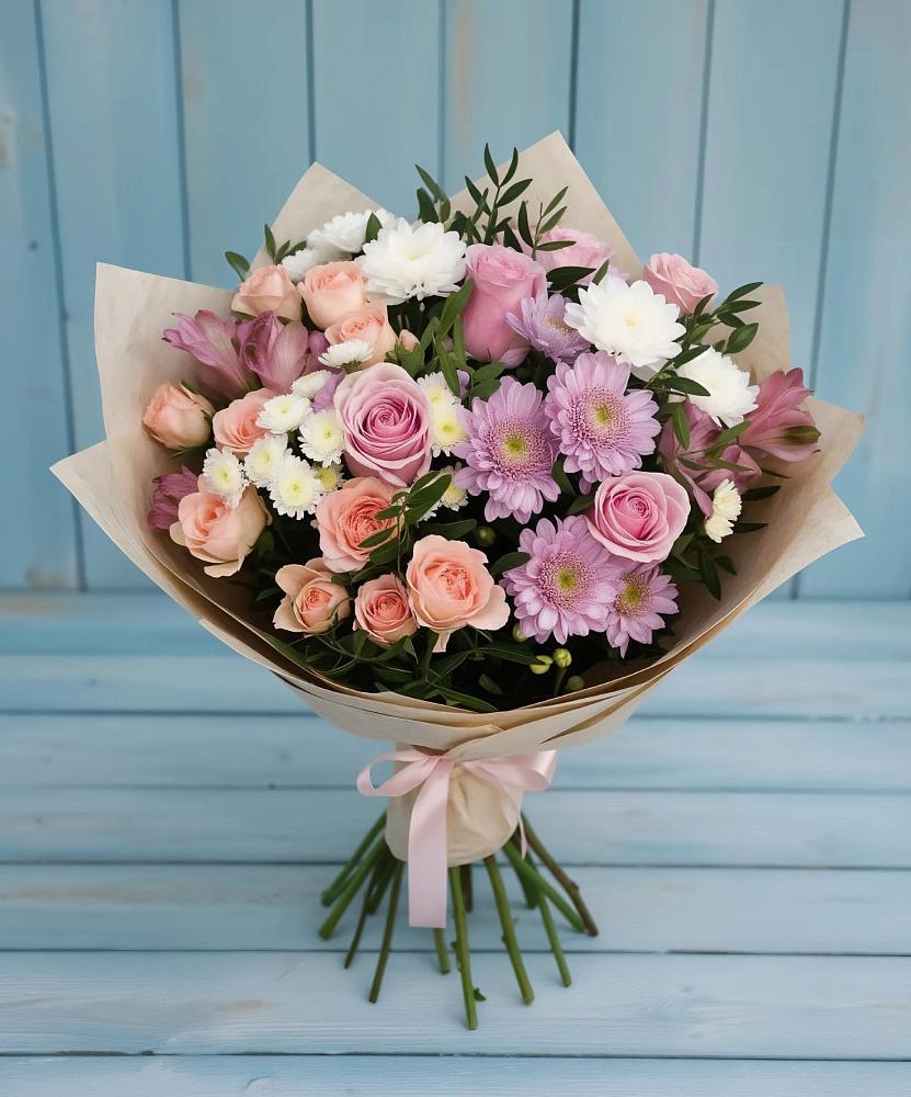 Букет цветов из: Хризантемы, Розы и Альстромерии в Чебургольской