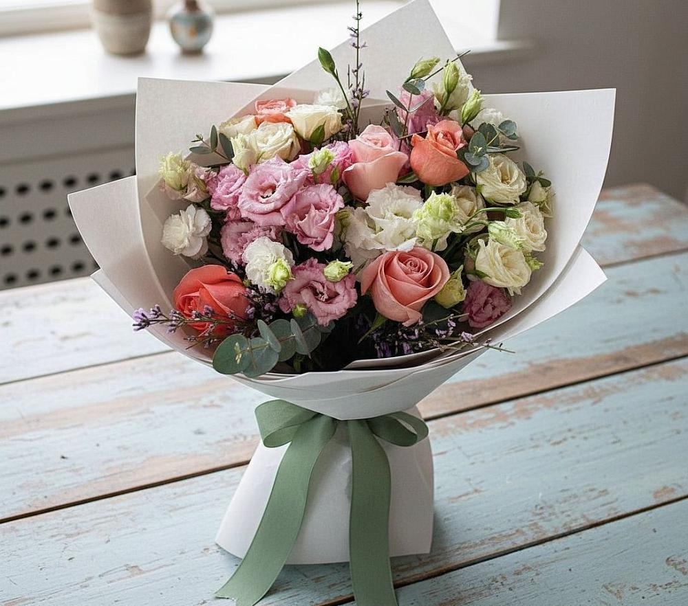 Букет цветов из: Розы, Лизиантусы и Гвоздики в Чебургольской