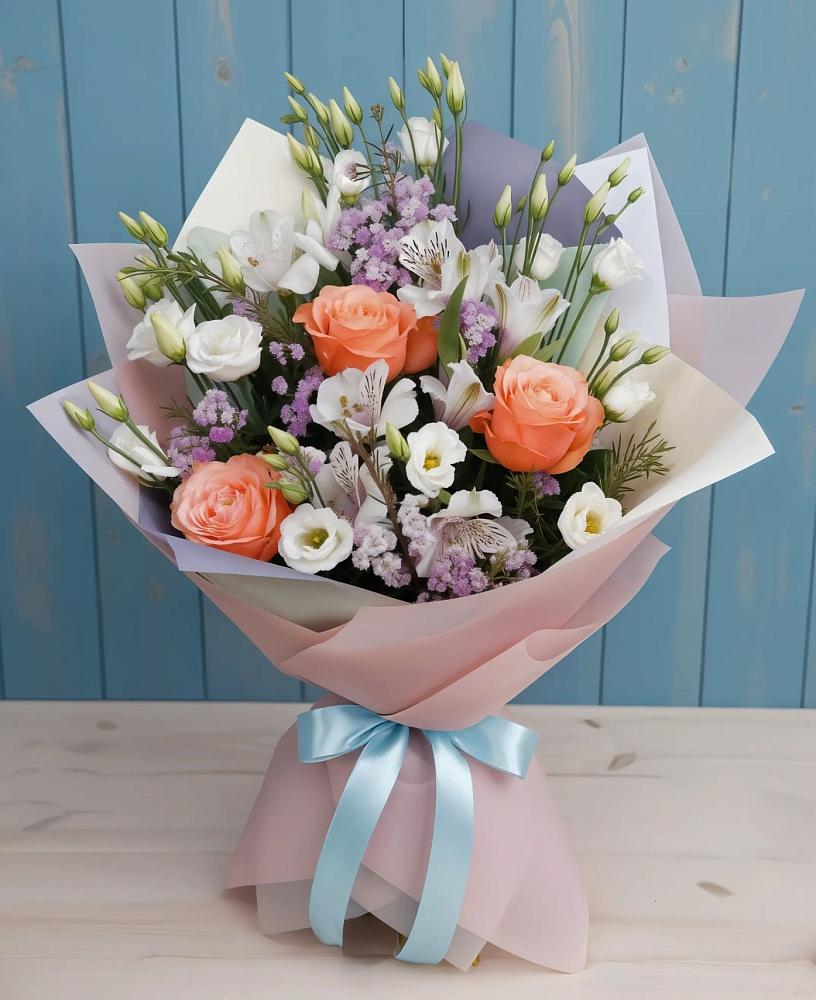 Букет цветов из: Лизиантусы, Розы, Альстромерии и Гипсофила в Чебургольской