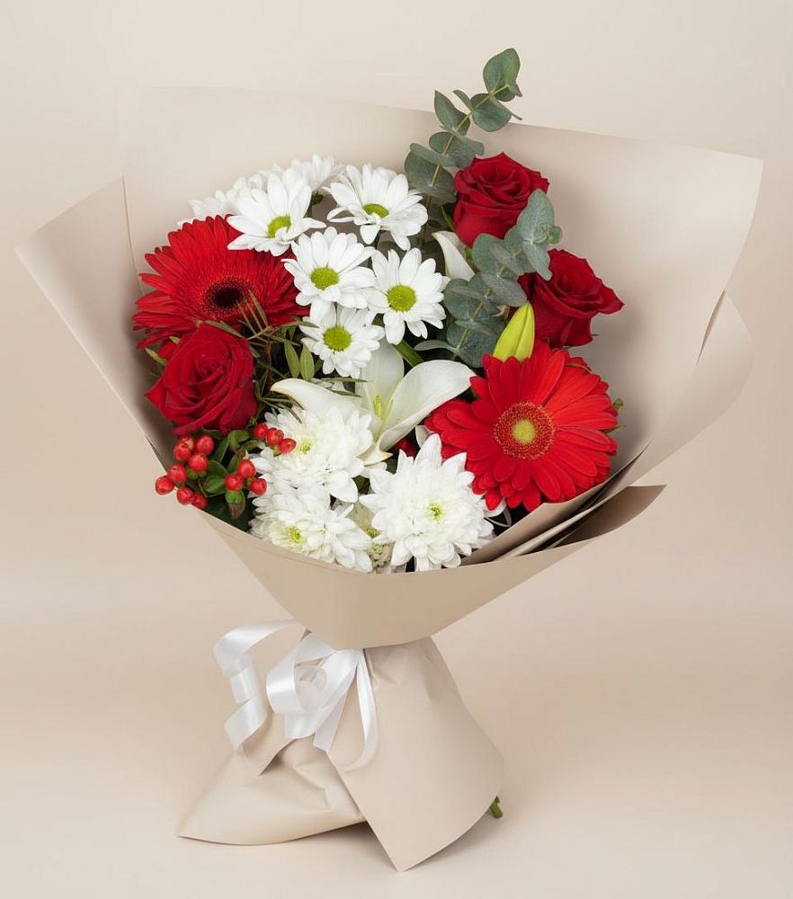 Букет цветов из: Розы, Хризантемы, Герберы и Лилии в Чебургольской