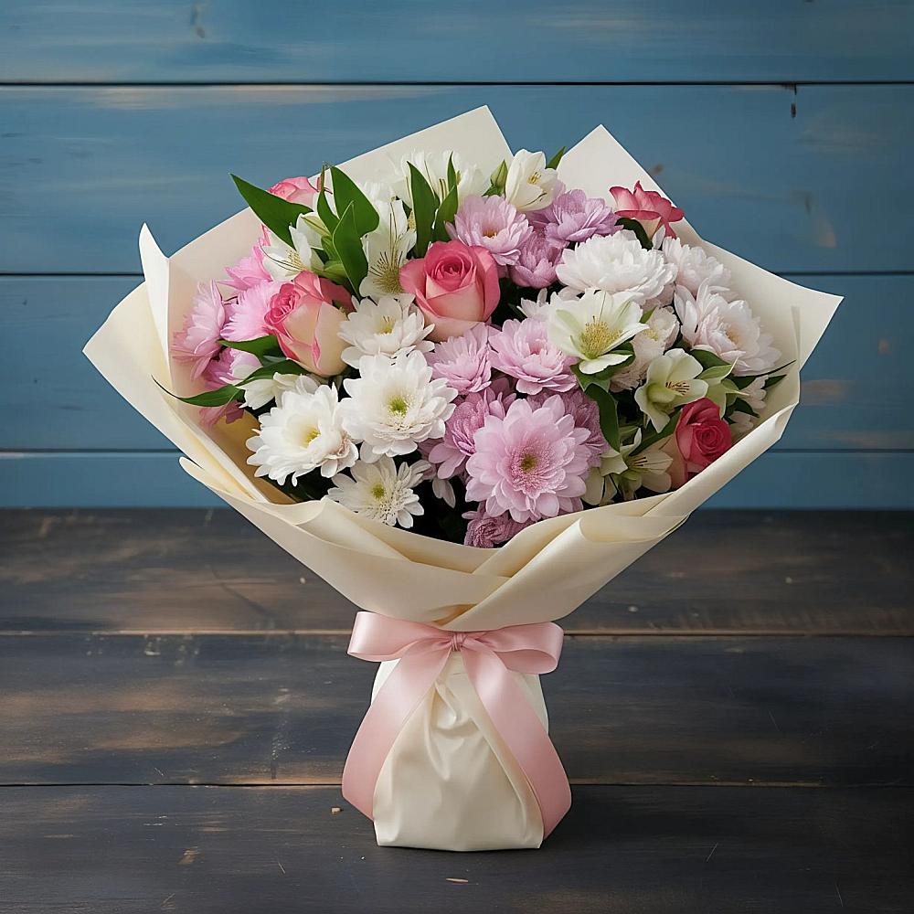 Букет цветов из: Хризантемы, Альстромерии и Розы в Чебургольской